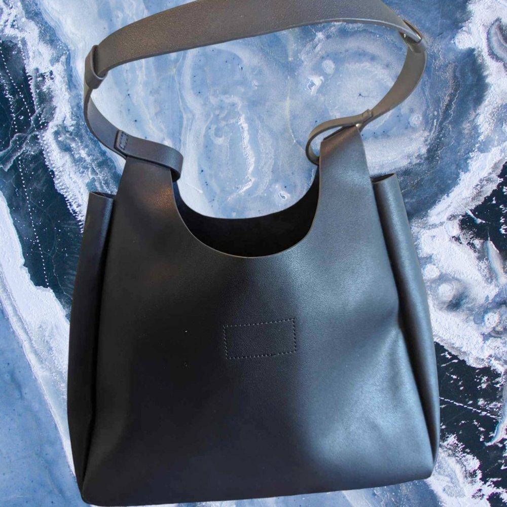 Neiman Marcus Navy Blue Vegan Leather Top Handle Tote Bag